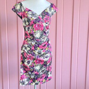 Suzi Chin Purple Pink Gray Floral Ruched Sides Formal Dress Size 8